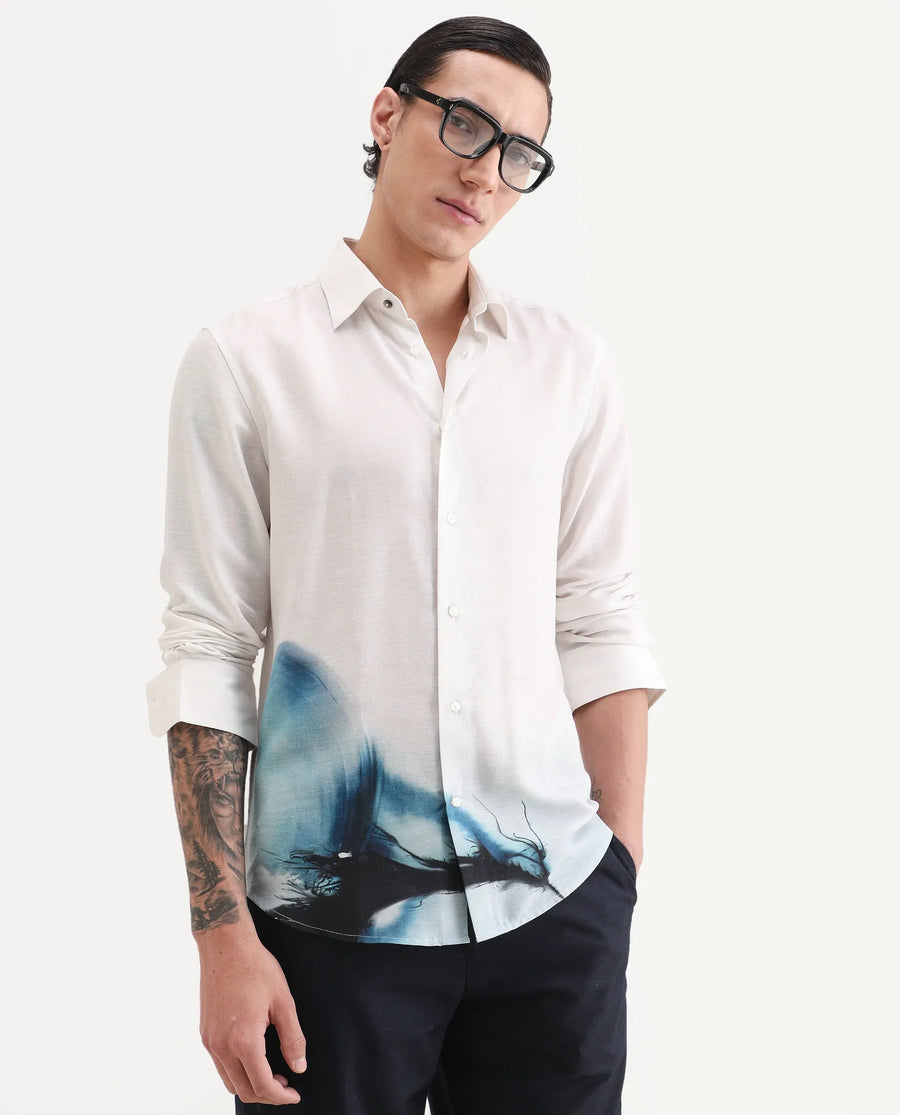 Rare Rabbit Men's Uvex White Linen Blend Fabric Full Sleeve Spread Collar Regular Fit Abstract Print Shirt