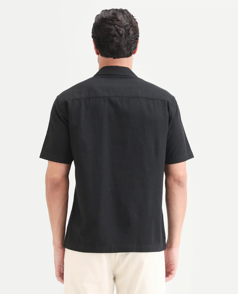 Rare Rabbit Men's Blig Black Cotton Blend Fabric Half Sleeve Cuban Collar Relaxed Fit Embroidered Shirt