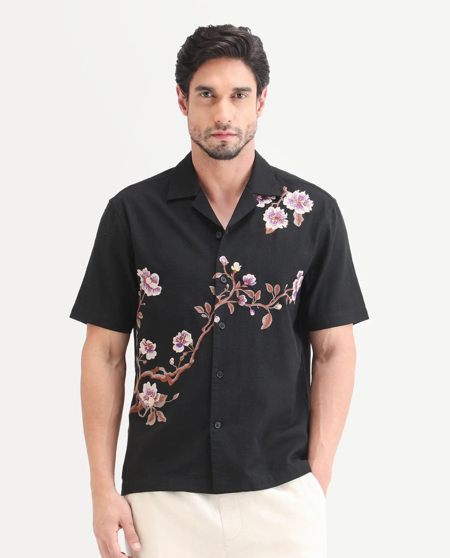 Rare Rabbit Men's Blig Black Cotton Blend Fabric Half Sleeve Cuban Collar Relaxed Fit Embroidered Shirt