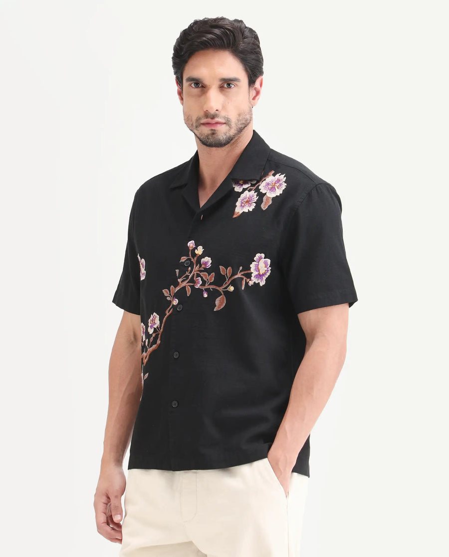 Rare Rabbit Men's Blig Black Cotton Blend Fabric Half Sleeve Cuban Collar Relaxed Fit Embroidered Shirt
