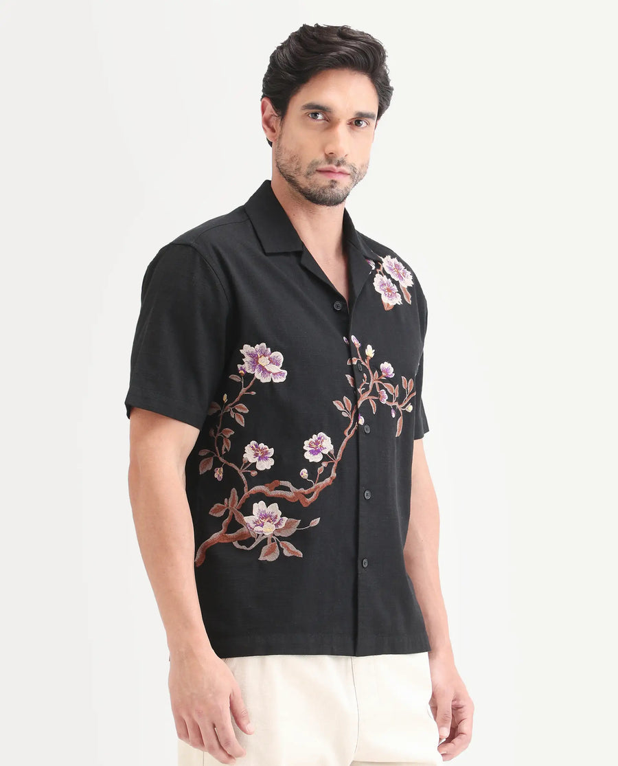 Rare Rabbit Men's Blig Black Cotton Blend Fabric Half Sleeve Cuban Collar Relaxed Fit Embroidered Shirt