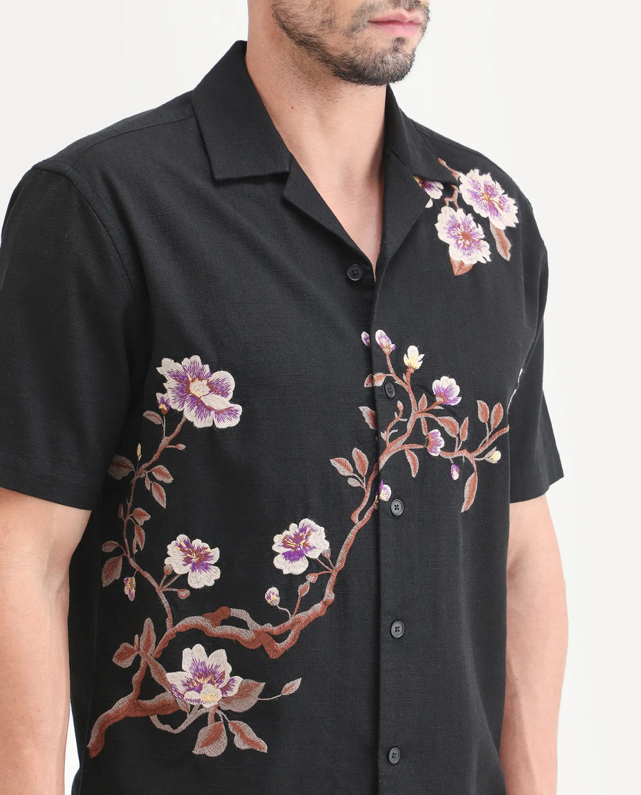 Rare Rabbit Men's Blig Black Cotton Blend Fabric Half Sleeve Cuban Collar Relaxed Fit Embroidered Shirt