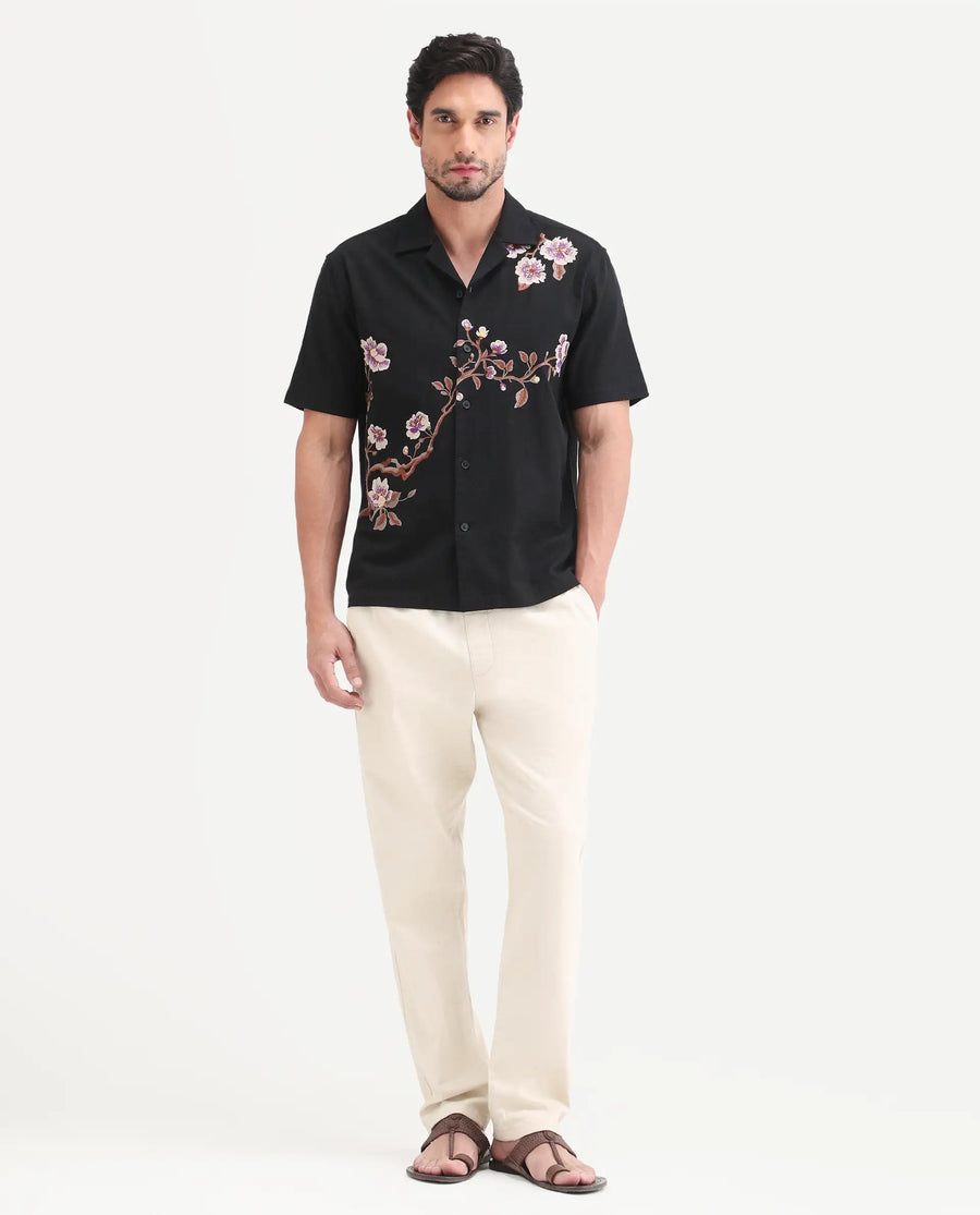 Rare Rabbit Men's Blig Black Cotton Blend Fabric Half Sleeve Cuban Collar Relaxed Fit Embroidered Shirt