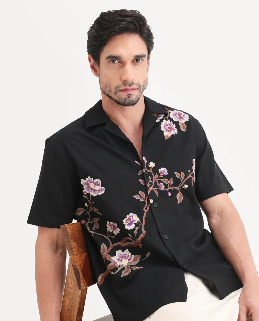 Rare Rabbit Men's Blig Black Cotton Blend Fabric Half Sleeve Cuban Collar Relaxed Fit Embroidered Shirt