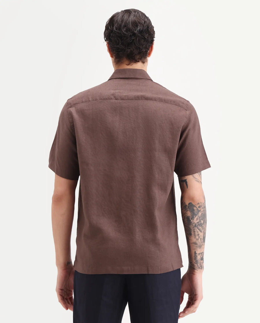 Rare Rabbit Men's Cine Ss Brown Linen Blend Fabric Half Sleeve Spread Collar Regular Fit Plain Shirt