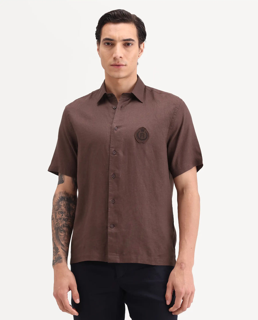 Rare Rabbit Men's Cine Ss Brown Linen Blend Fabric Half Sleeve Spread Collar Regular Fit Plain Shirt
