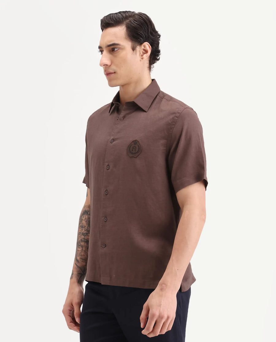 Rare Rabbit Men's Cine Ss Brown Linen Blend Fabric Half Sleeve Spread Collar Regular Fit Plain Shirt
