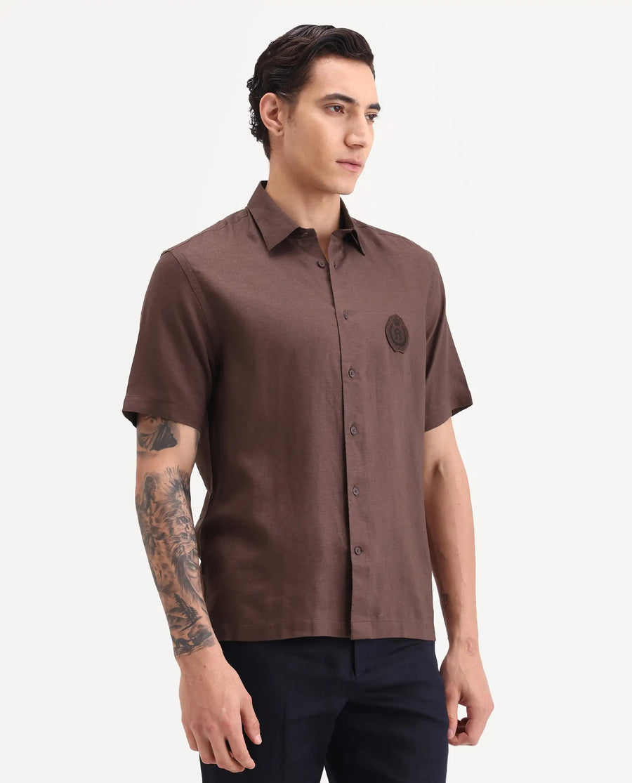 Rare Rabbit Men's Cine Ss Brown Linen Blend Fabric Half Sleeve Spread Collar Regular Fit Plain Shirt