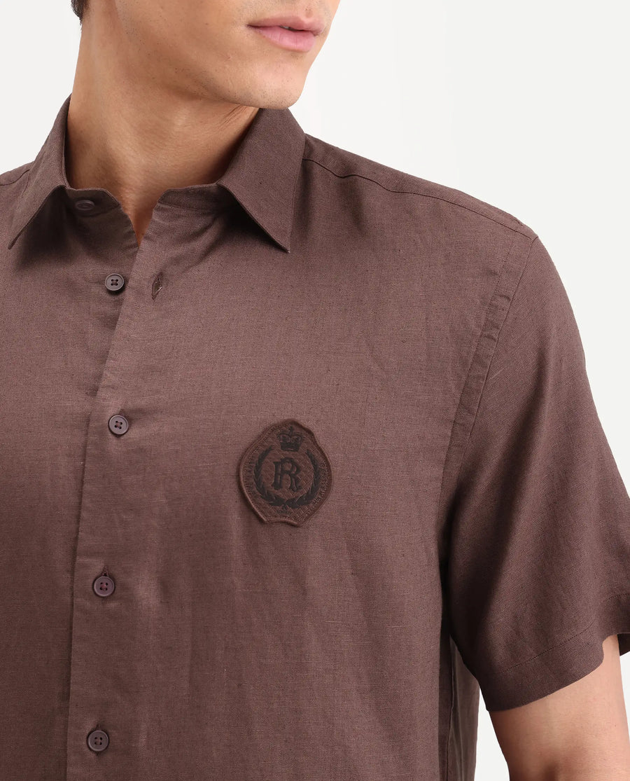 Rare Rabbit Men's Cine Ss Brown Linen Blend Fabric Half Sleeve Spread Collar Regular Fit Plain Shirt