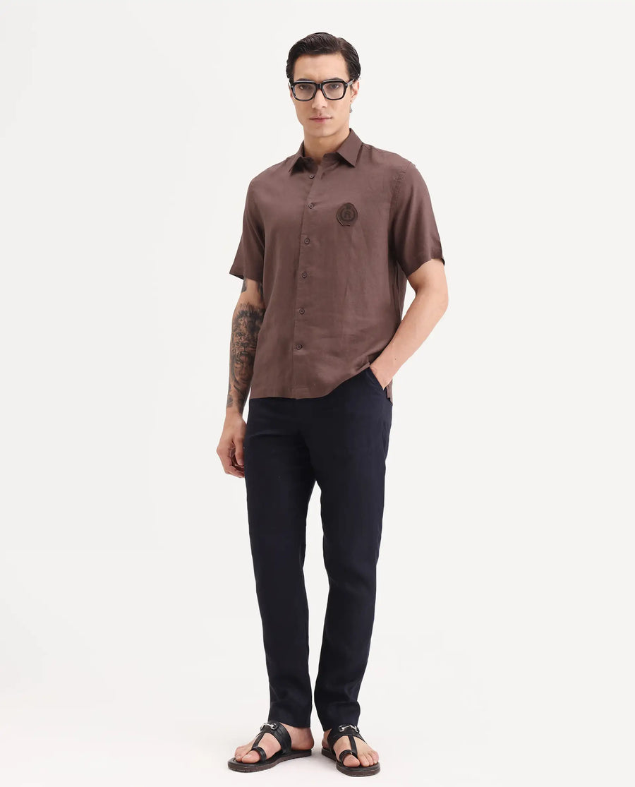 Rare Rabbit Men's Cine Ss Brown Linen Blend Fabric Half Sleeve Spread Collar Regular Fit Plain Shirt