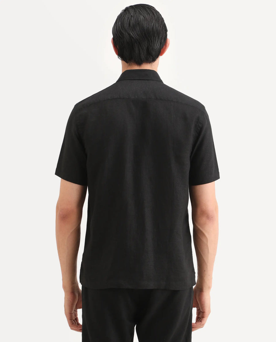 Rare Rabbit Men's Cine Ss Black Linen Blend Fabric Half Sleeve Spread Collar Regular Fit Plain Shirt