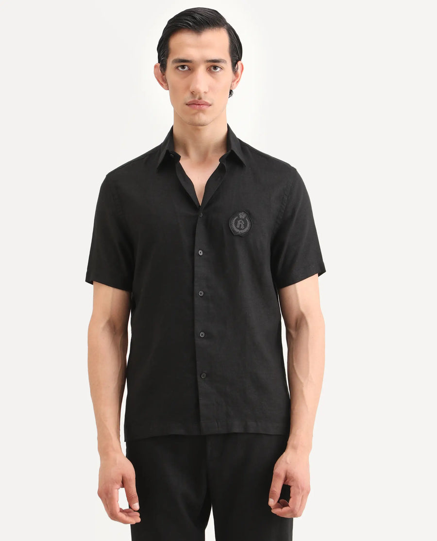 Rare Rabbit Men's Cine Ss Black Linen Blend Fabric Half Sleeve Spread Collar Regular Fit Plain Shirt