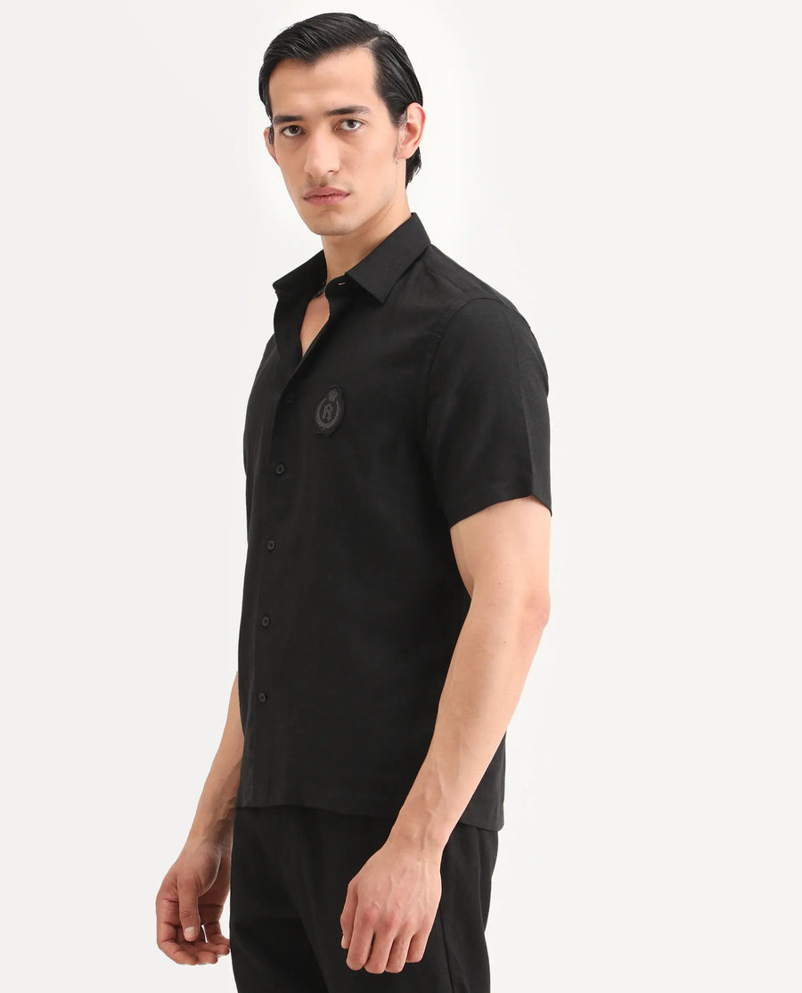 Rare Rabbit Men's Cine Ss Black Linen Blend Fabric Half Sleeve Spread Collar Regular Fit Plain Shirt
