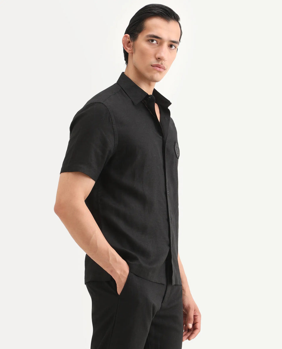 Rare Rabbit Men's Cine Ss Black Linen Blend Fabric Half Sleeve Spread Collar Regular Fit Plain Shirt