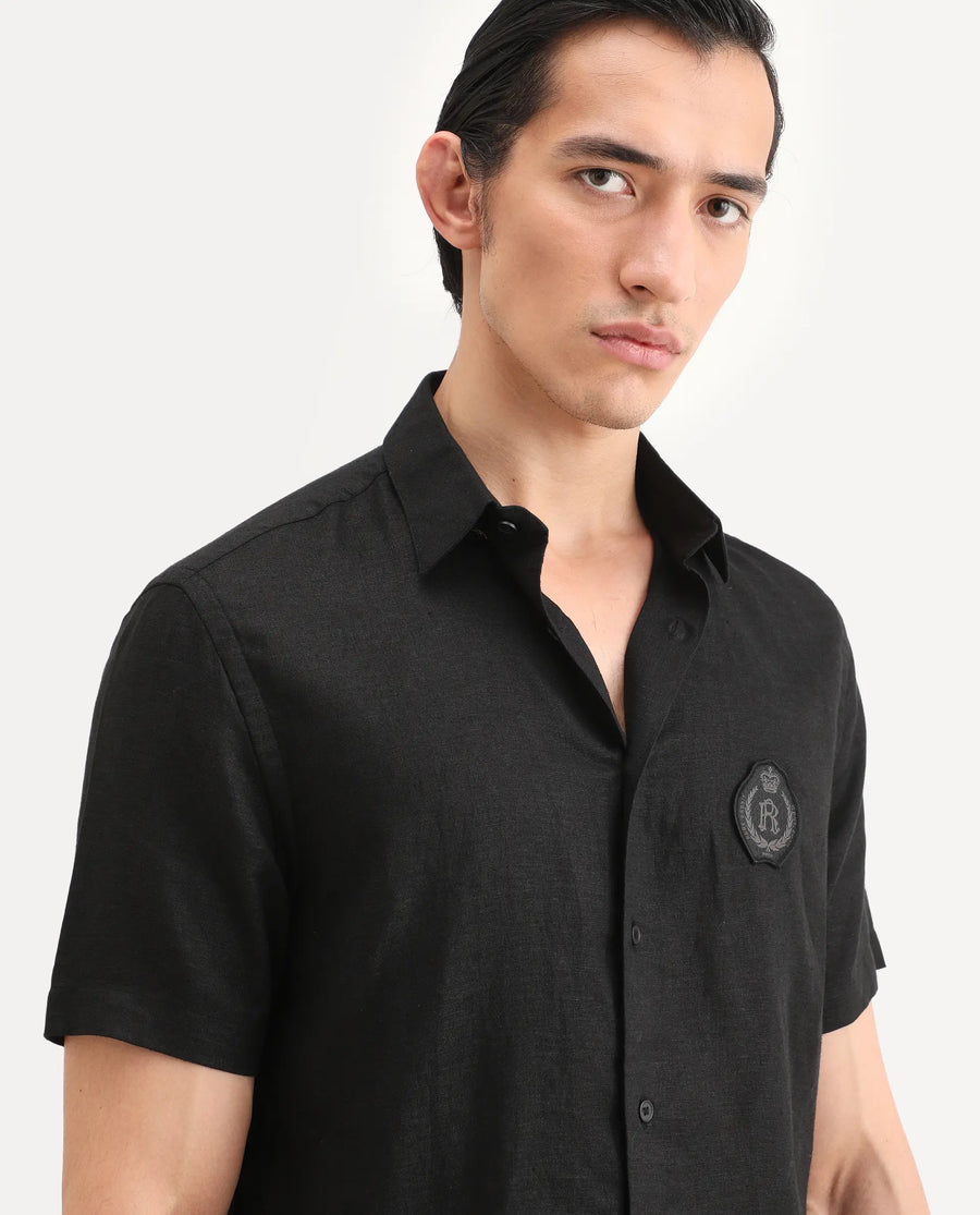 Rare Rabbit Men's Cine Ss Black Linen Blend Fabric Half Sleeve Spread Collar Regular Fit Plain Shirt