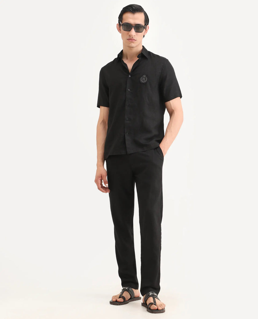 Rare Rabbit Men's Cine Ss Black Linen Blend Fabric Half Sleeve Spread Collar Regular Fit Plain Shirt