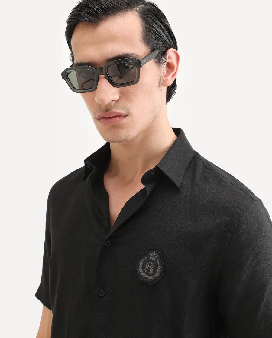 Rare Rabbit Men's Cine Ss Black Linen Blend Fabric Half Sleeve Spread Collar Regular Fit Plain Shirt
