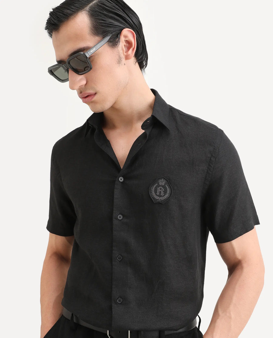 Rare Rabbit Men's Cine Ss Black Linen Blend Fabric Half Sleeve Spread Collar Regular Fit Plain Shirt