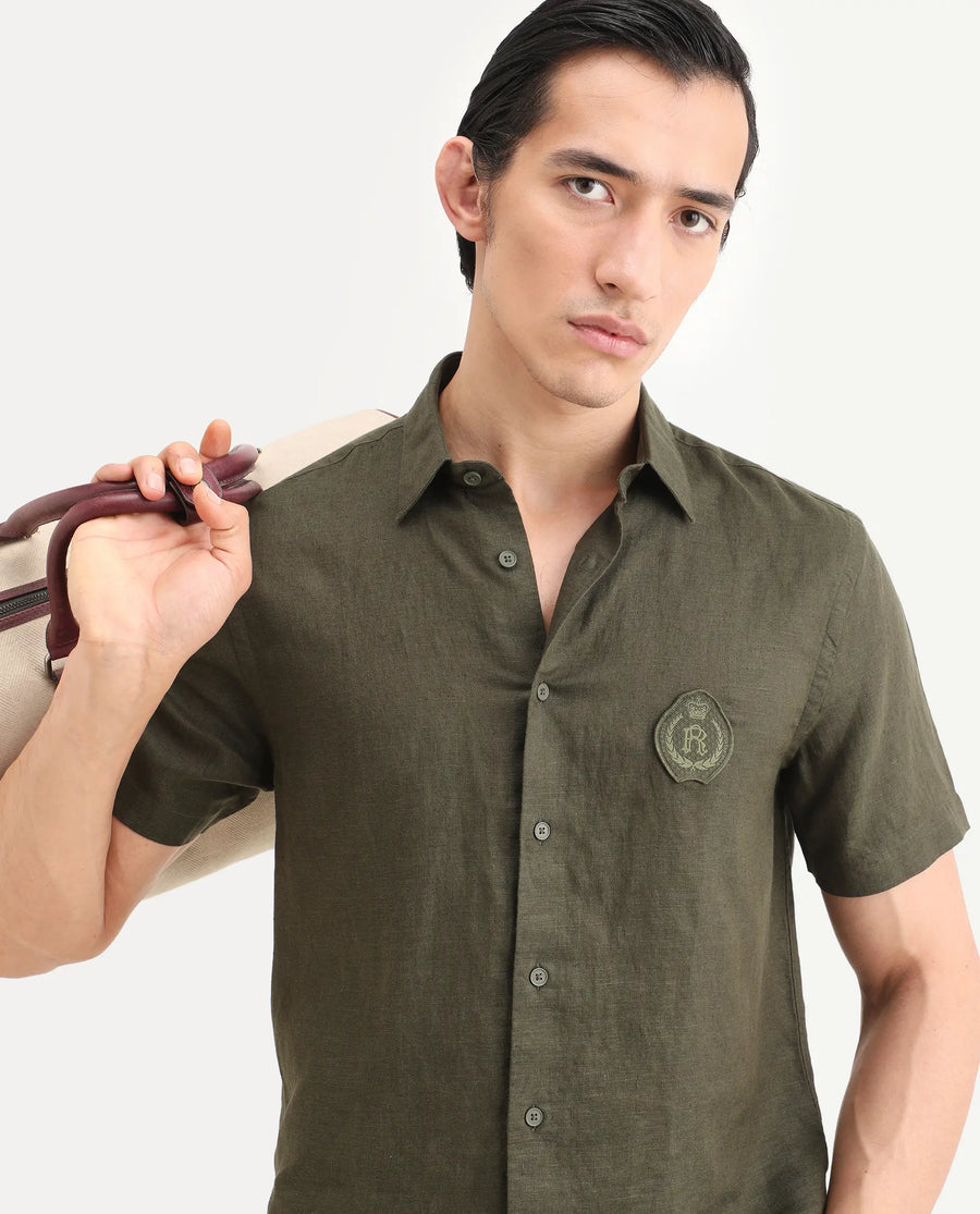 Rare Rabbit Men's Cine Ss Olive Linen Blend Fabric Half Sleeve Spread Collar Regular Fit Plain Shirt