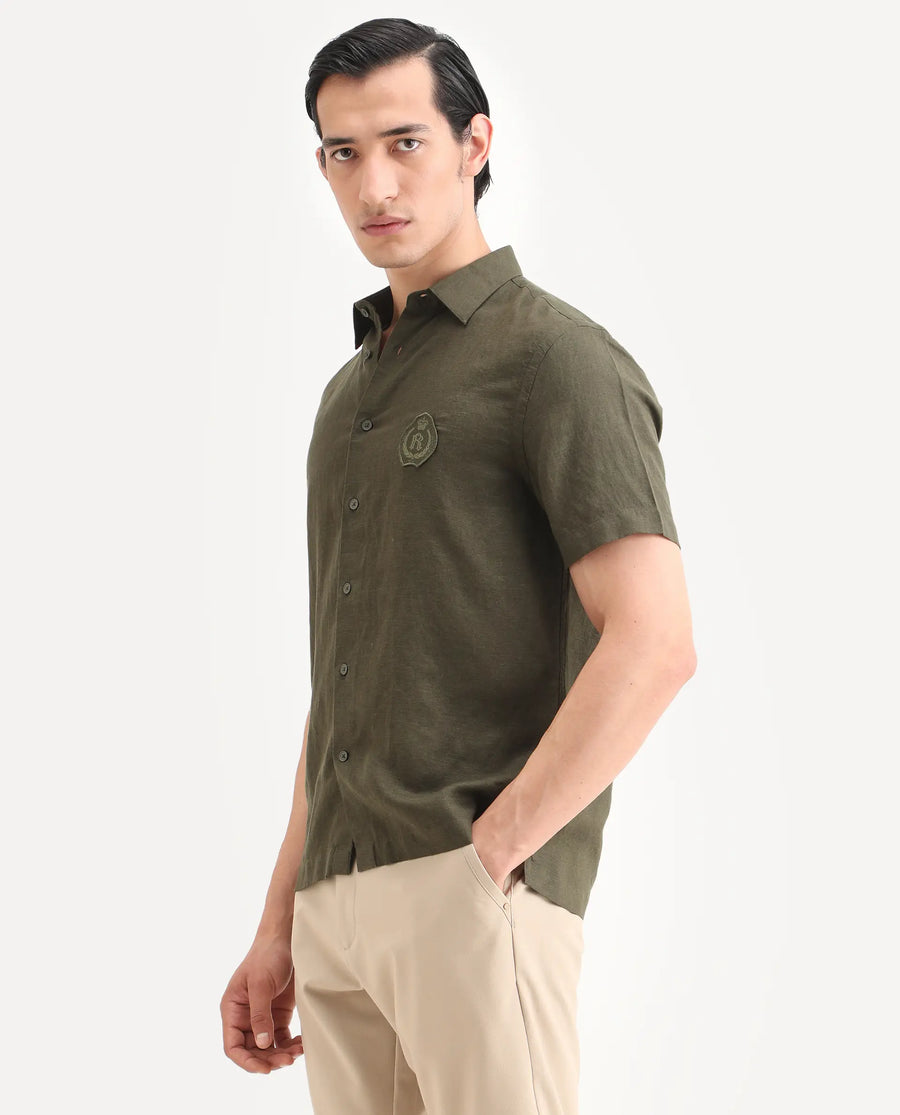 Rare Rabbit Men's Cine Ss Olive Linen Blend Fabric Half Sleeve Spread Collar Regular Fit Plain Shirt
