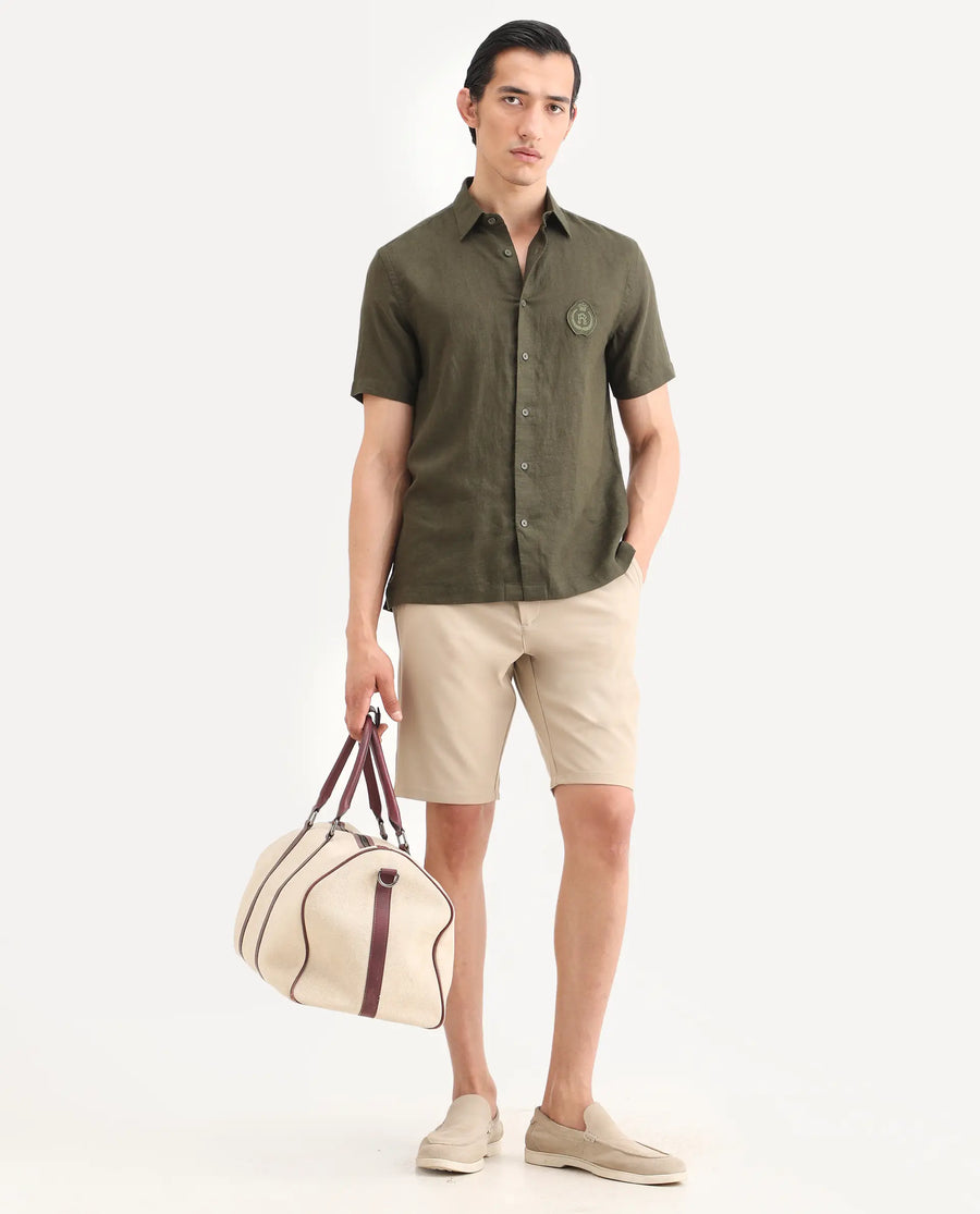 Rare Rabbit Men's Cine Ss Olive Linen Blend Fabric Half Sleeve Spread Collar Regular Fit Plain Shirt