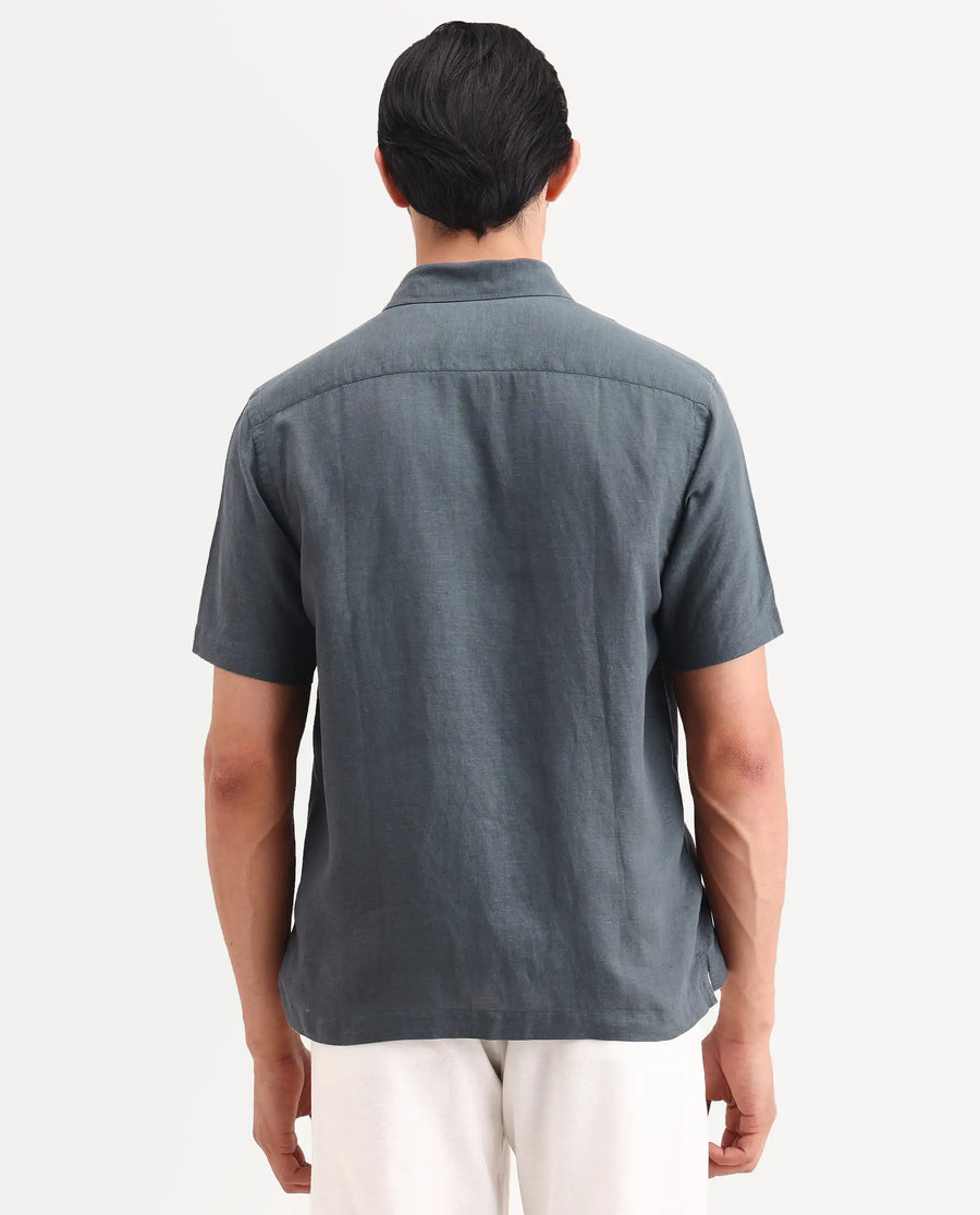 Rare Rabbit Men's Cine Ss Dark Blue Linen Blend Fabric Half Sleeve Spread Collar Regular Fit Plain Shirt