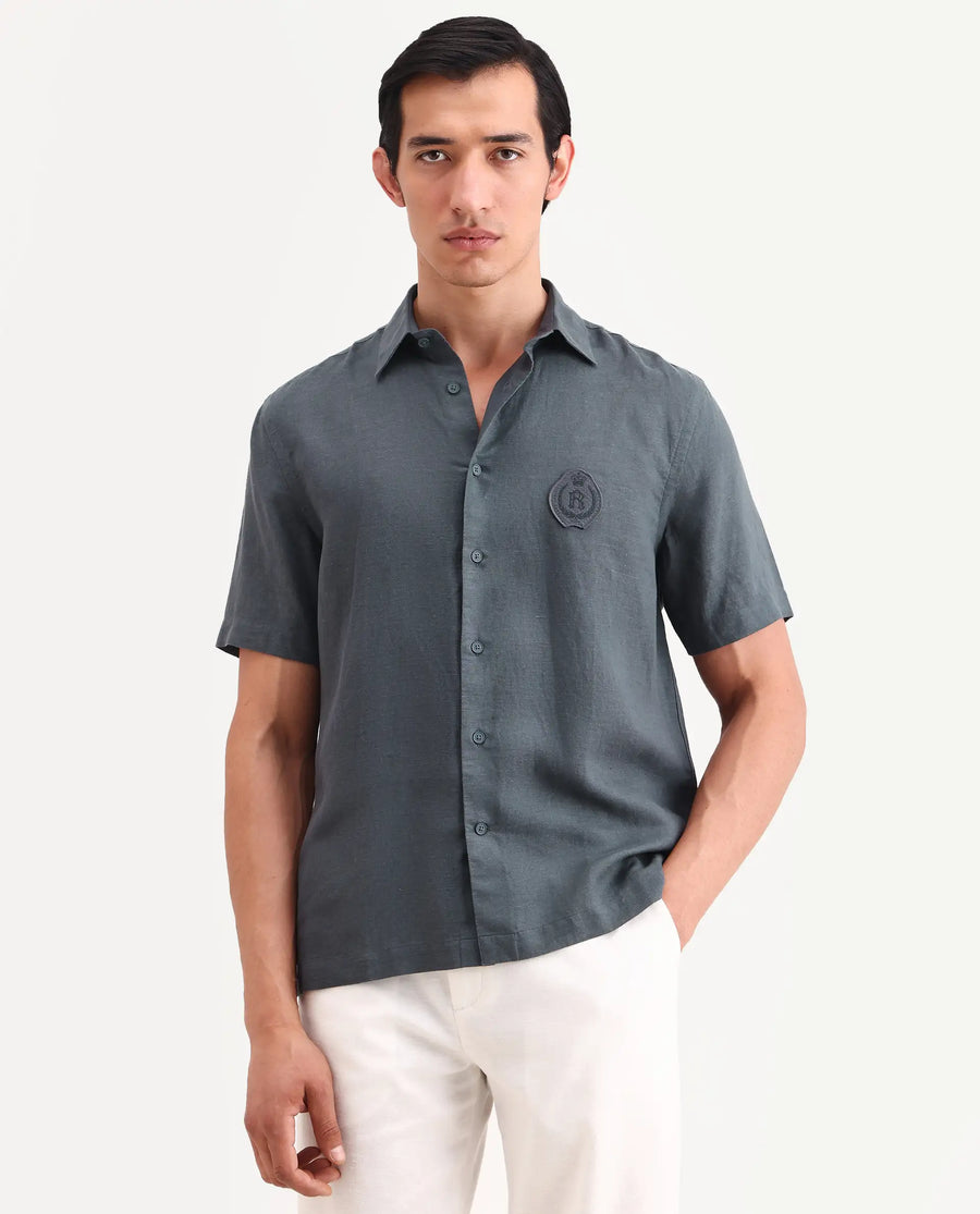 Rare Rabbit Men's Cine Ss Dark Blue Linen Blend Fabric Half Sleeve Spread Collar Regular Fit Plain Shirt