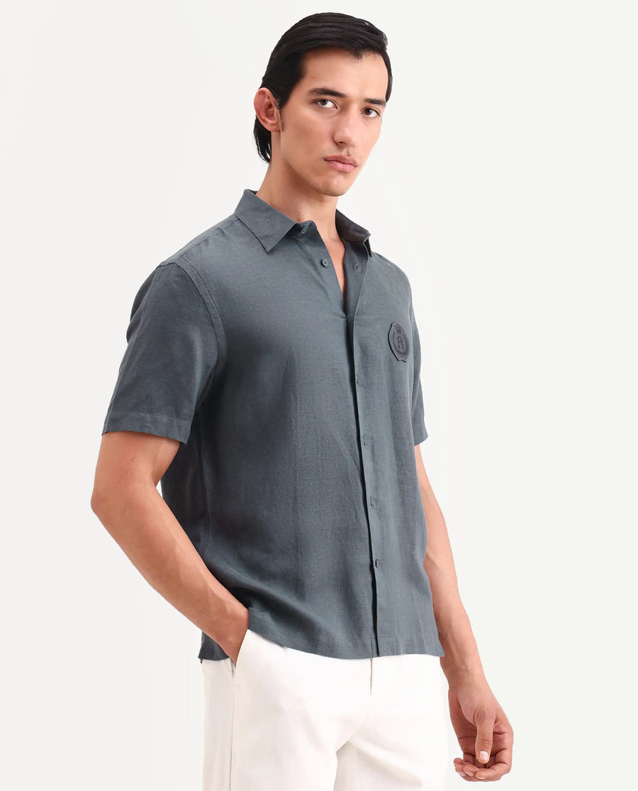 Rare Rabbit Men's Cine Ss Dark Blue Linen Blend Fabric Half Sleeve Spread Collar Regular Fit Plain Shirt