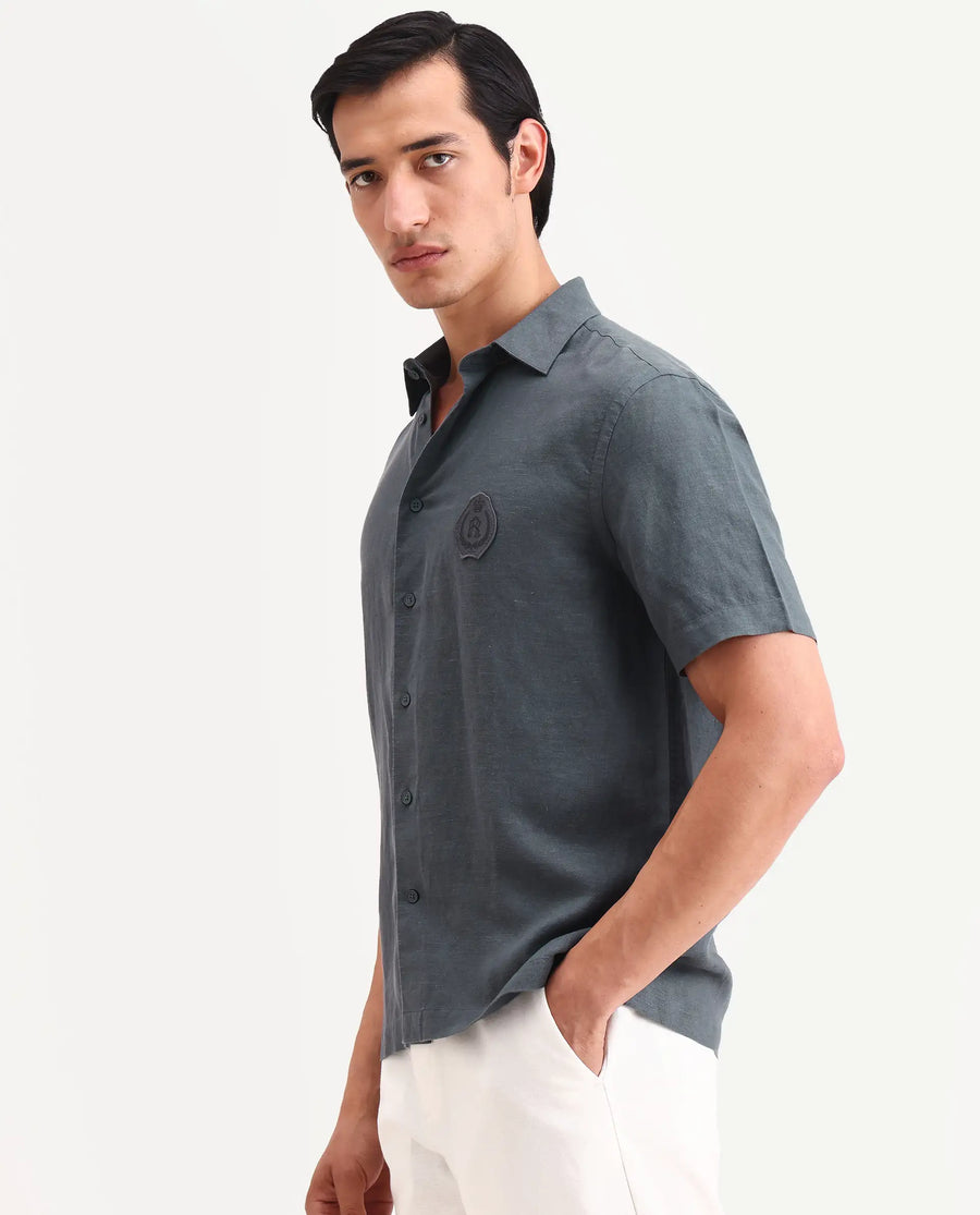 Rare Rabbit Men's Cine Ss Dark Blue Linen Blend Fabric Half Sleeve Spread Collar Regular Fit Plain Shirt