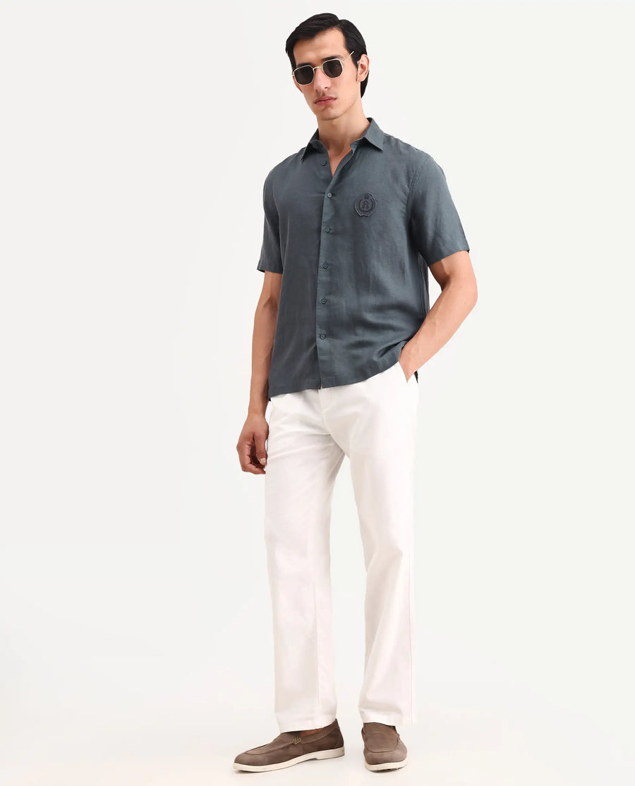 Rare Rabbit Men's Cine Ss Dark Blue Linen Blend Fabric Half Sleeve Spread Collar Regular Fit Plain Shirt