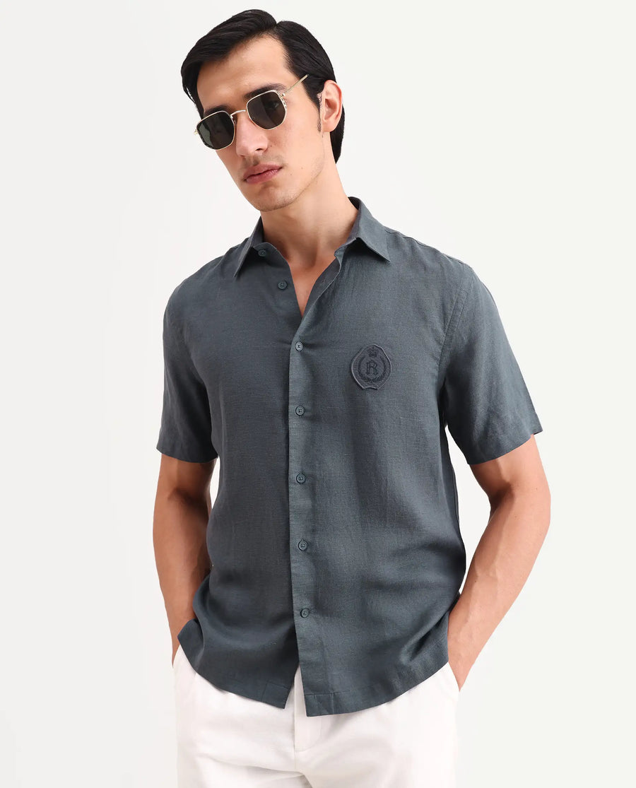 Rare Rabbit Men's Cine Ss Dark Blue Linen Blend Fabric Half Sleeve Spread Collar Regular Fit Plain Shirt