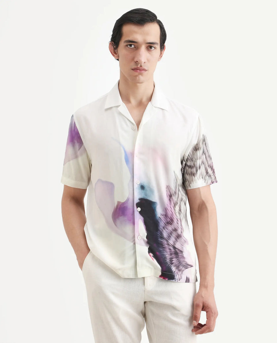 Rare Rabbit Men's Vyrn White Viscose Fabric Half Sleeve Cuban Collar Regular Fit Abstract Print Shirt