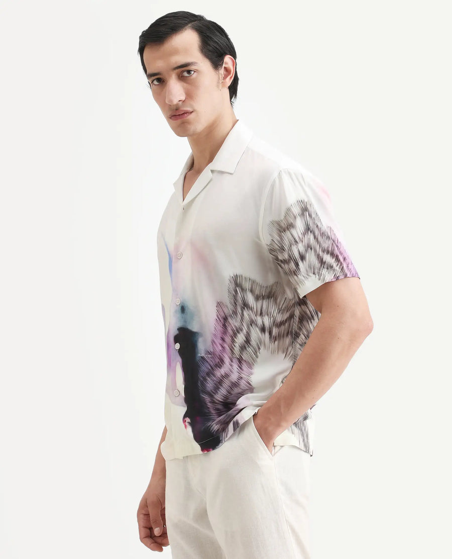 Rare Rabbit Men's Vyrn White Viscose Fabric Half Sleeve Cuban Collar Regular Fit Abstract Print Shirt