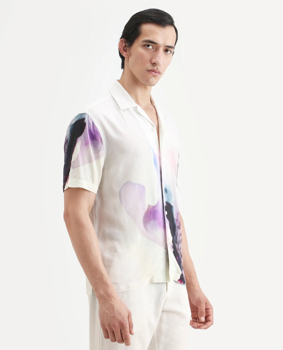 Rare Rabbit Men's Vyrn White Viscose Fabric Half Sleeve Cuban Collar Regular Fit Abstract Print Shirt