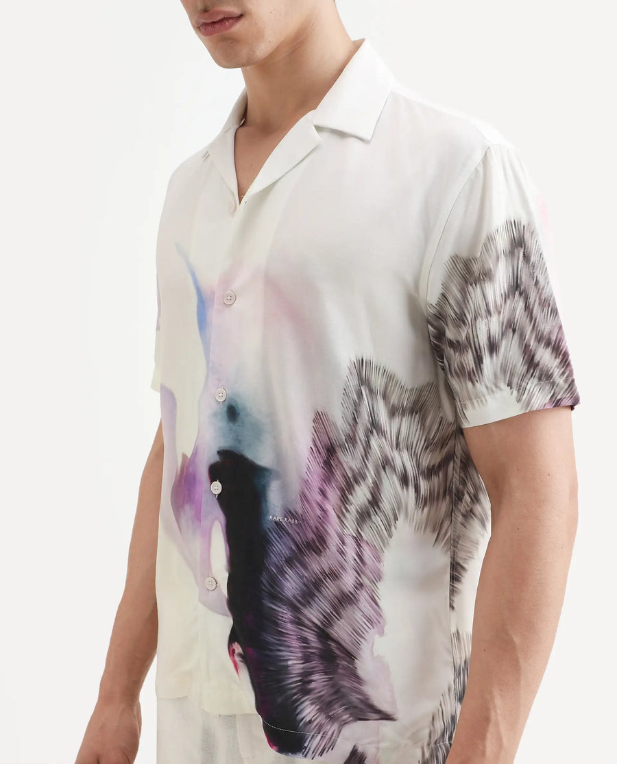 Rare Rabbit Men's Vyrn White Viscose Fabric Half Sleeve Cuban Collar Regular Fit Abstract Print Shirt