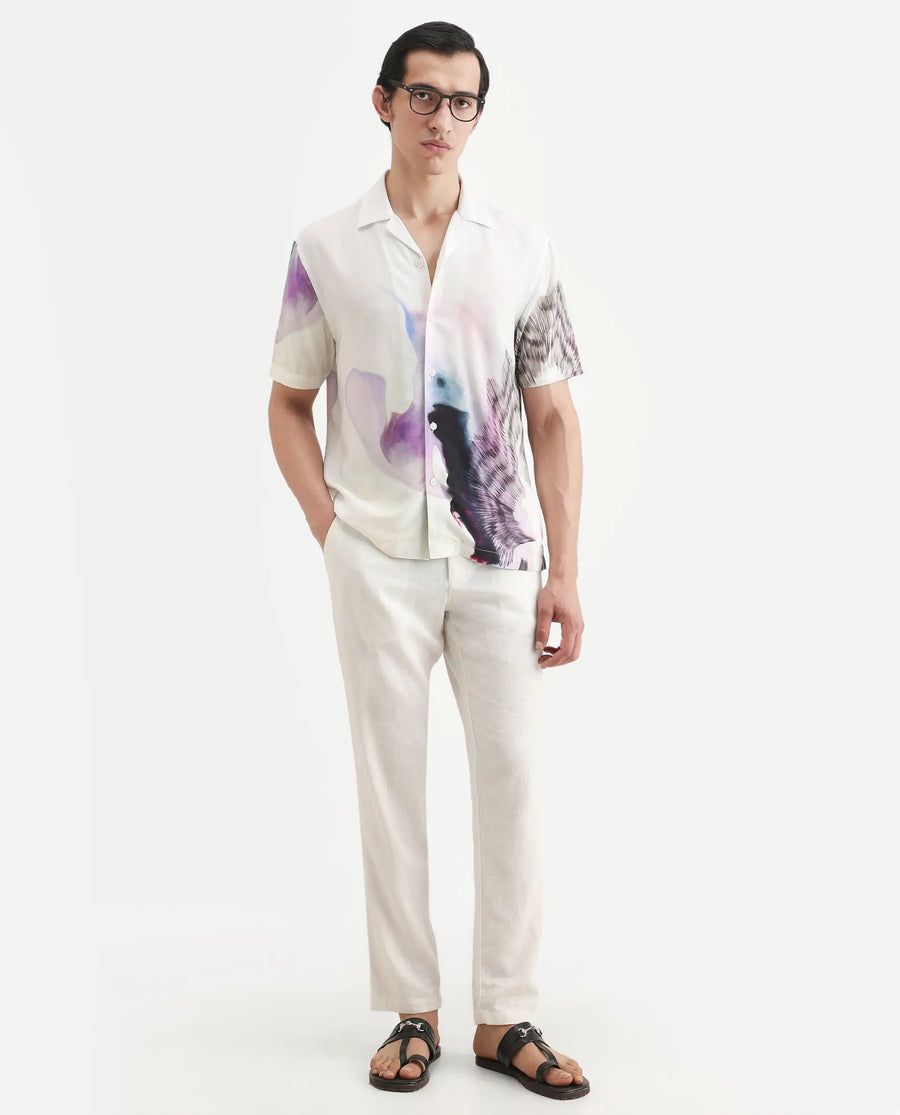 Rare Rabbit Men's Vyrn White Viscose Fabric Half Sleeve Cuban Collar Regular Fit Abstract Print Shirt