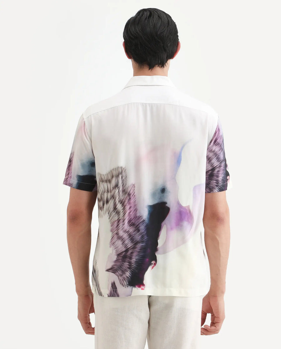 Rare Rabbit Men's Vyrn White Viscose Fabric Half Sleeve Cuban Collar Regular Fit Abstract Print Shirt