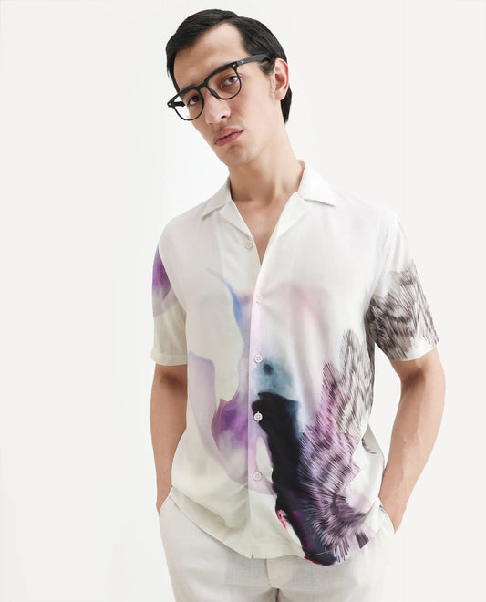 Rare Rabbit Men's Vyrn White Viscose Fabric Half Sleeve Cuban Collar Regular Fit Abstract Print Shirt
