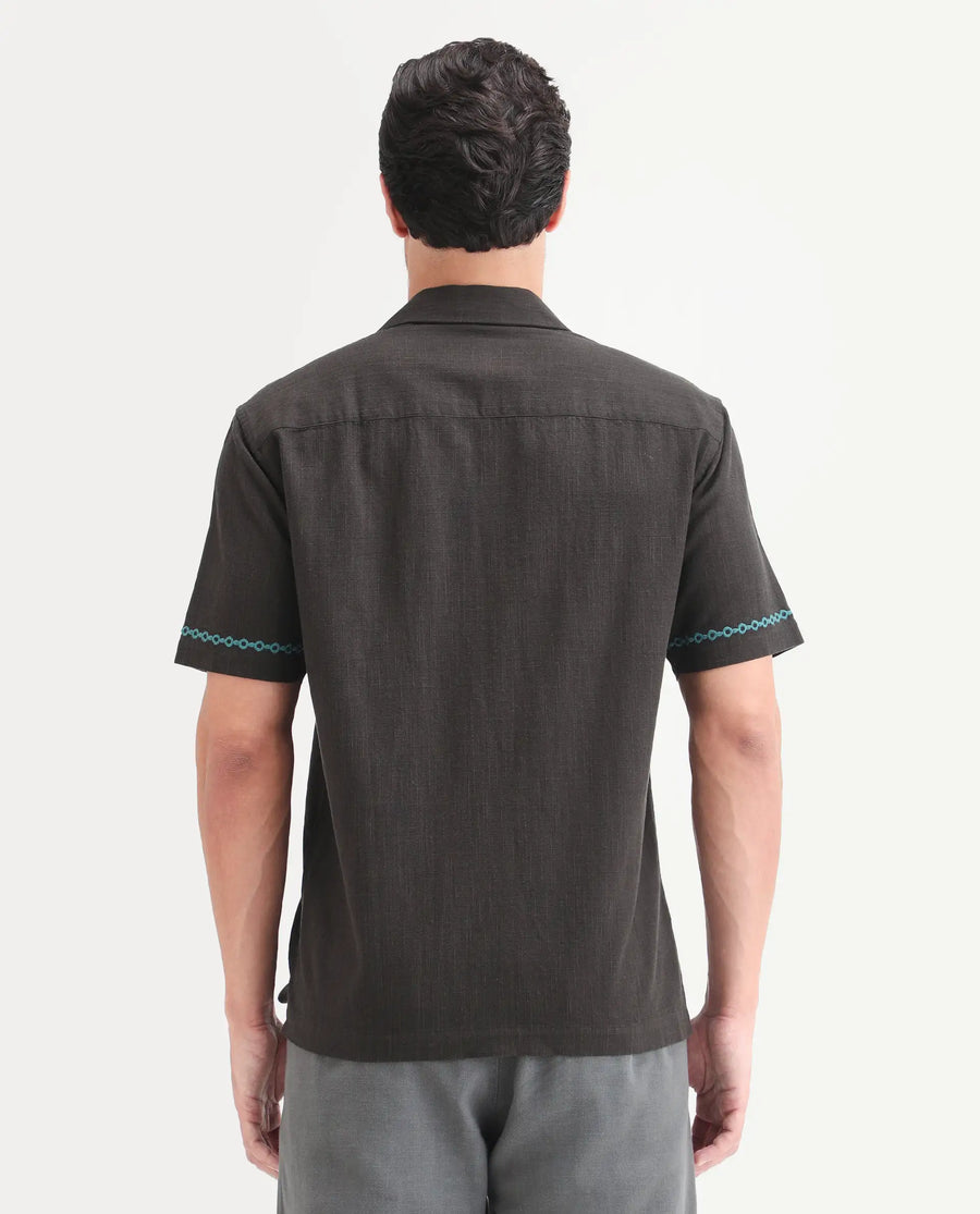 Rare Rabbit Men's Truz Dark Brown Cotton Blend Fabric Half Sleeve Cuban Collar Relaxed Fit Embroidered Shirt