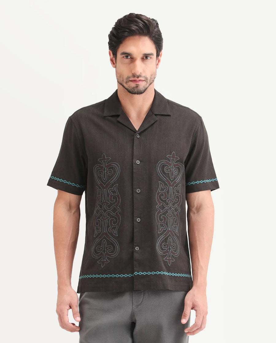 Rare Rabbit Men's Truz Dark Brown Cotton Blend Fabric Half Sleeve Cuban Collar Relaxed Fit Embroidered Shirt