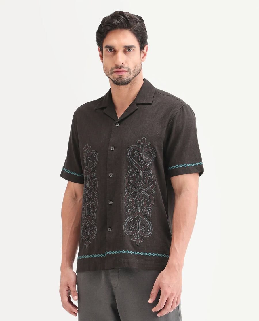 Rare Rabbit Men's Truz Dark Brown Cotton Blend Fabric Half Sleeve Cuban Collar Relaxed Fit Embroidered Shirt