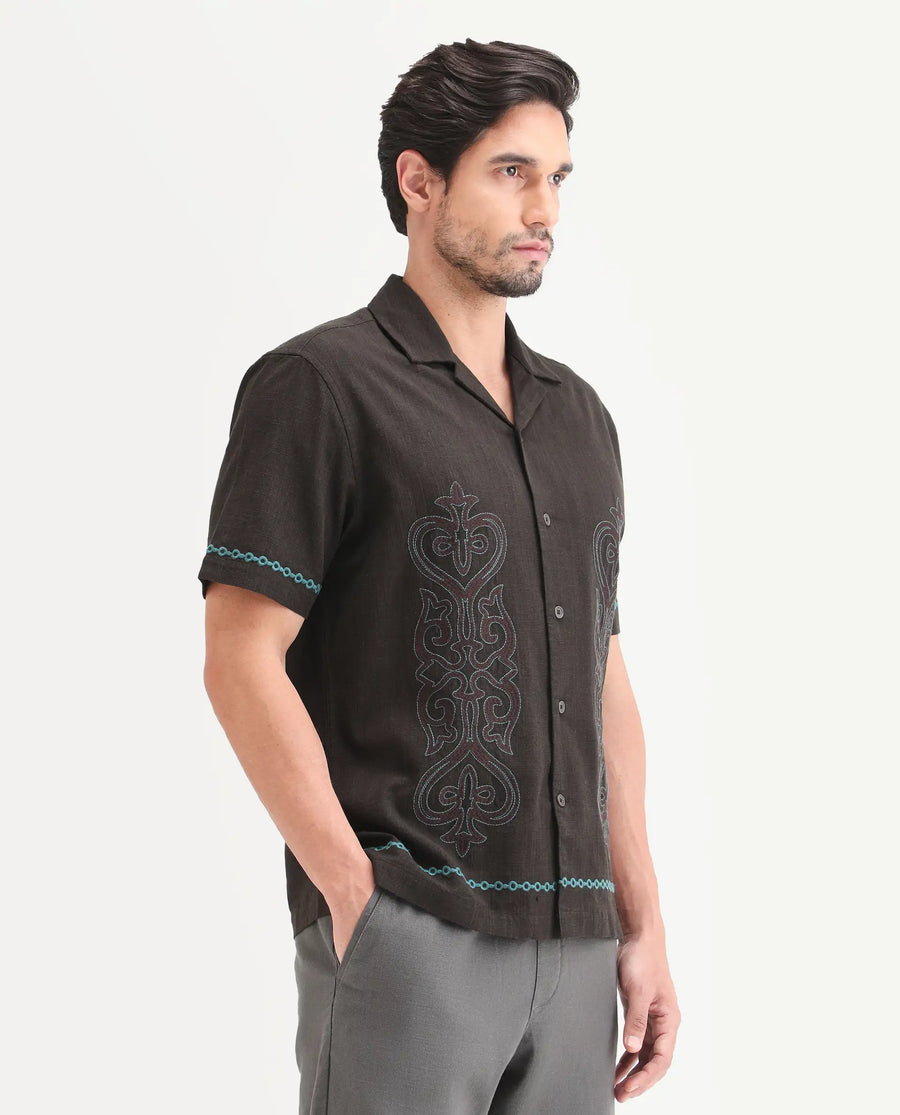 Rare Rabbit Men's Truz Dark Brown Cotton Blend Fabric Half Sleeve Cuban Collar Relaxed Fit Embroidered Shirt