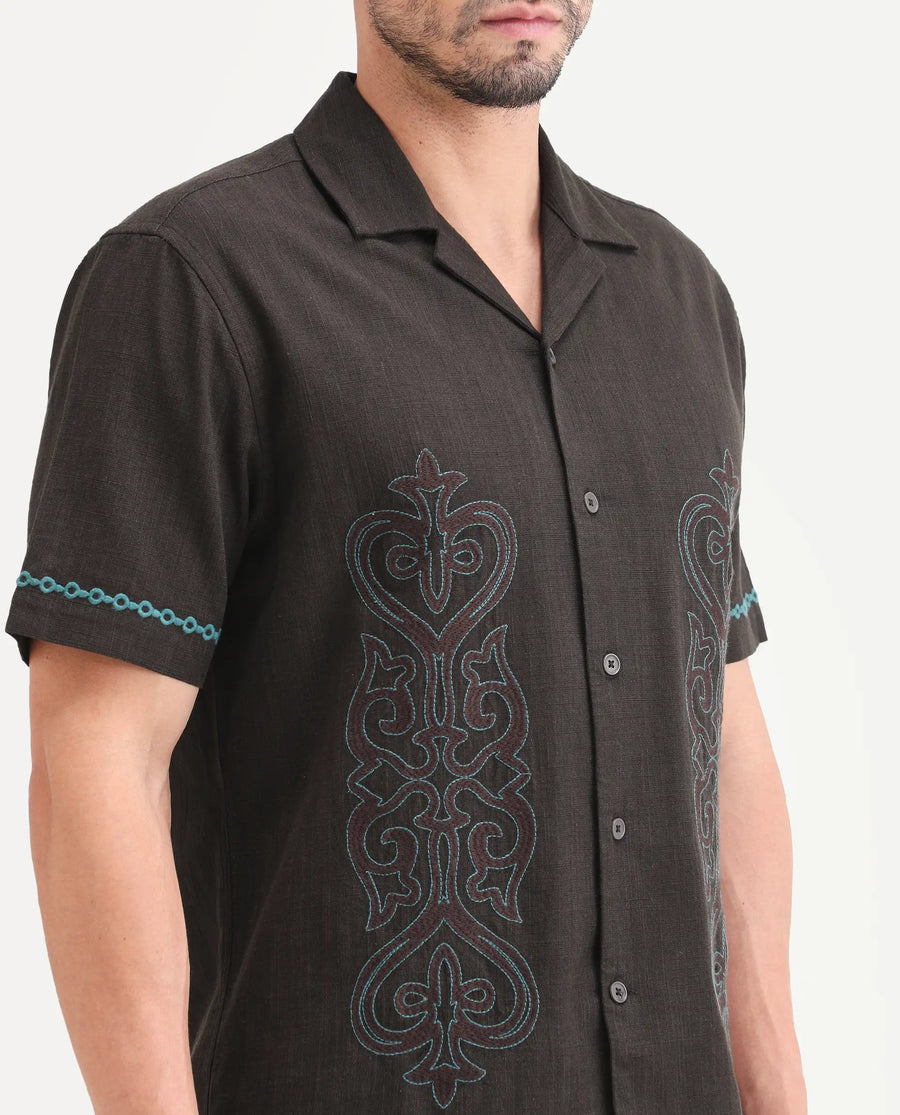 Rare Rabbit Men's Truz Dark Brown Cotton Blend Fabric Half Sleeve Cuban Collar Relaxed Fit Embroidered Shirt