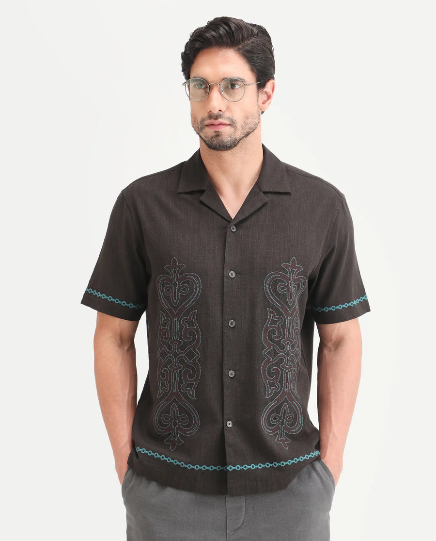 Rare Rabbit Men's Truz Dark Brown Cotton Blend Fabric Half Sleeve Cuban Collar Relaxed Fit Embroidered Shirt