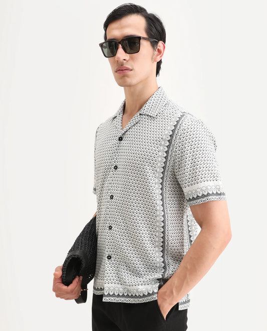 Rare Rabbit Men's Woqs White Viscose Blend Fabric Half Sleeve Cuban Collar Regular Fit Geometric Print Shirt