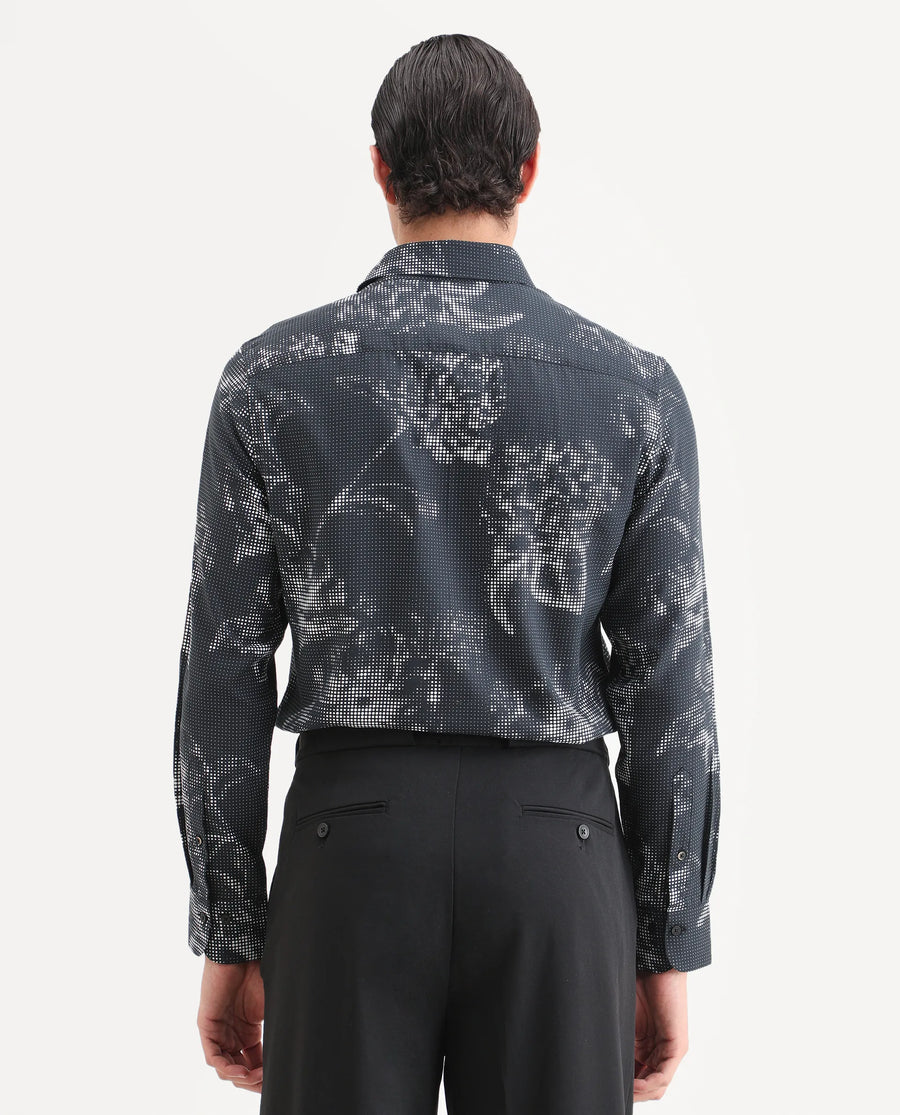 Rare Rabbit Men's Xald Black Cotton Blend Fabric Full Sleeve Spread Collar Regular Fit Floral Print Shirt
