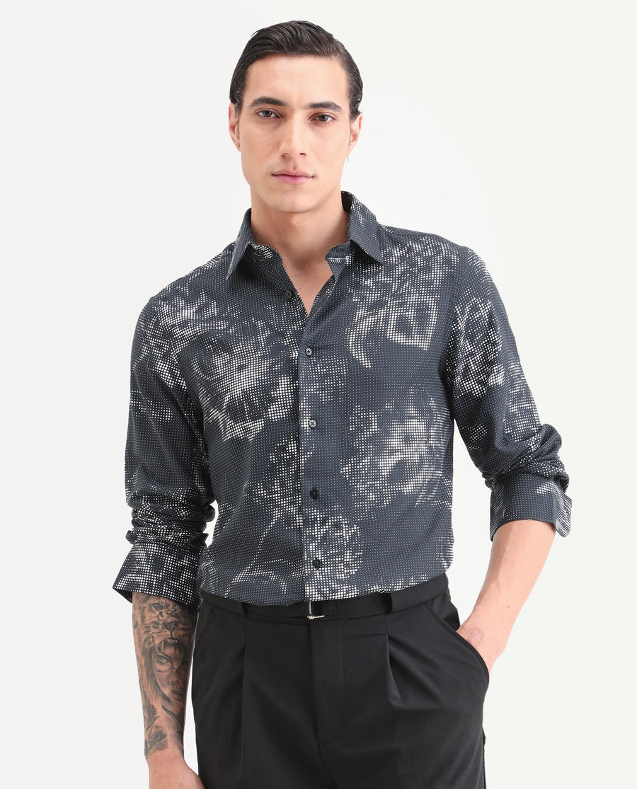 Rare Rabbit Men's Xald Black Cotton Blend Fabric Full Sleeve Spread Collar Regular Fit Floral Print Shirt