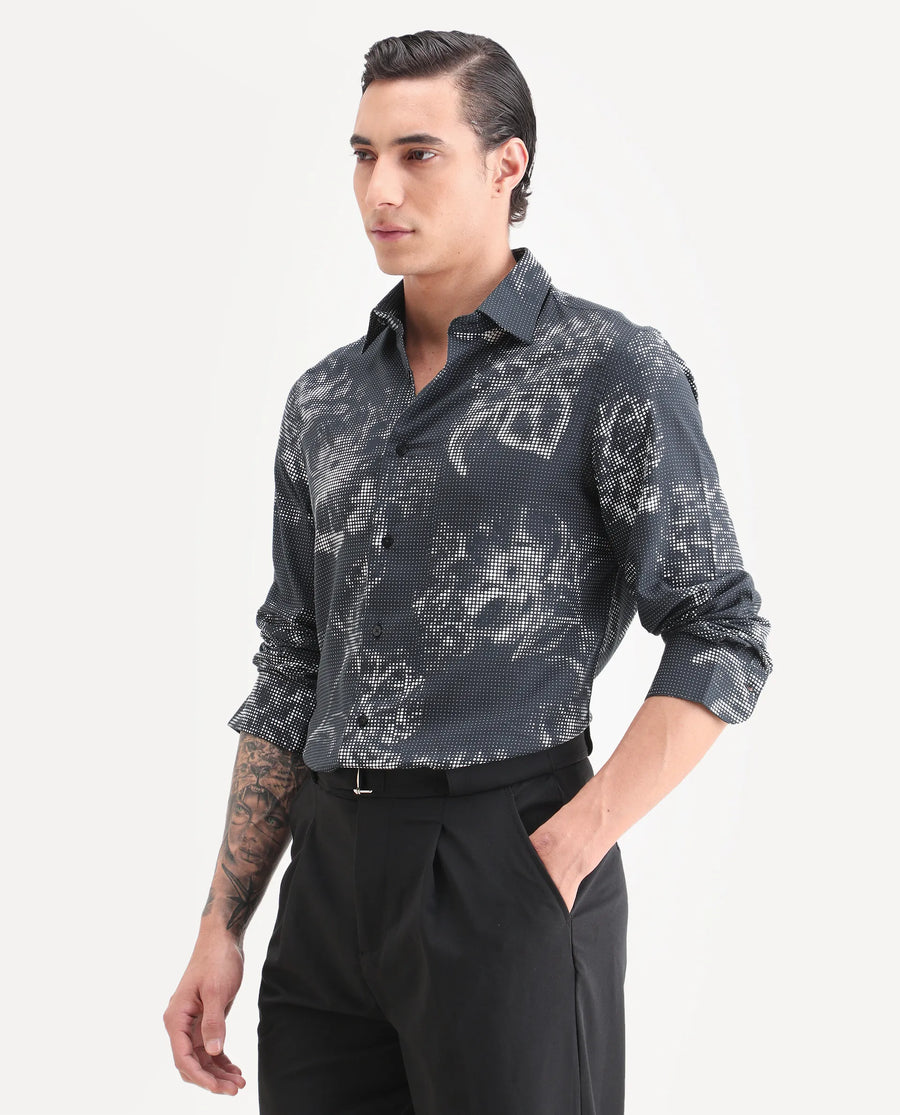 Rare Rabbit Men's Xald Black Cotton Blend Fabric Full Sleeve Spread Collar Regular Fit Floral Print Shirt