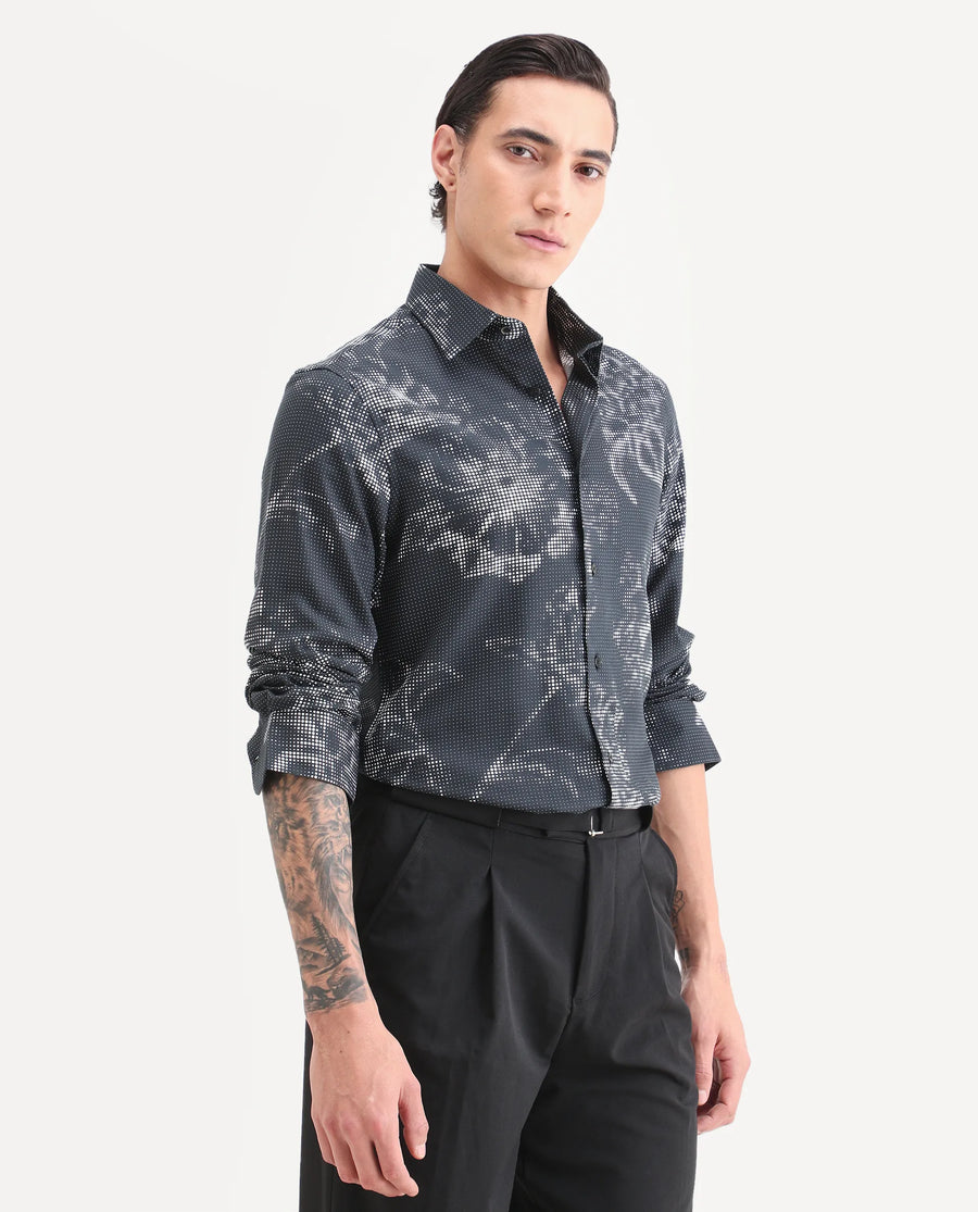 Rare Rabbit Men's Xald Black Cotton Blend Fabric Full Sleeve Spread Collar Regular Fit Floral Print Shirt