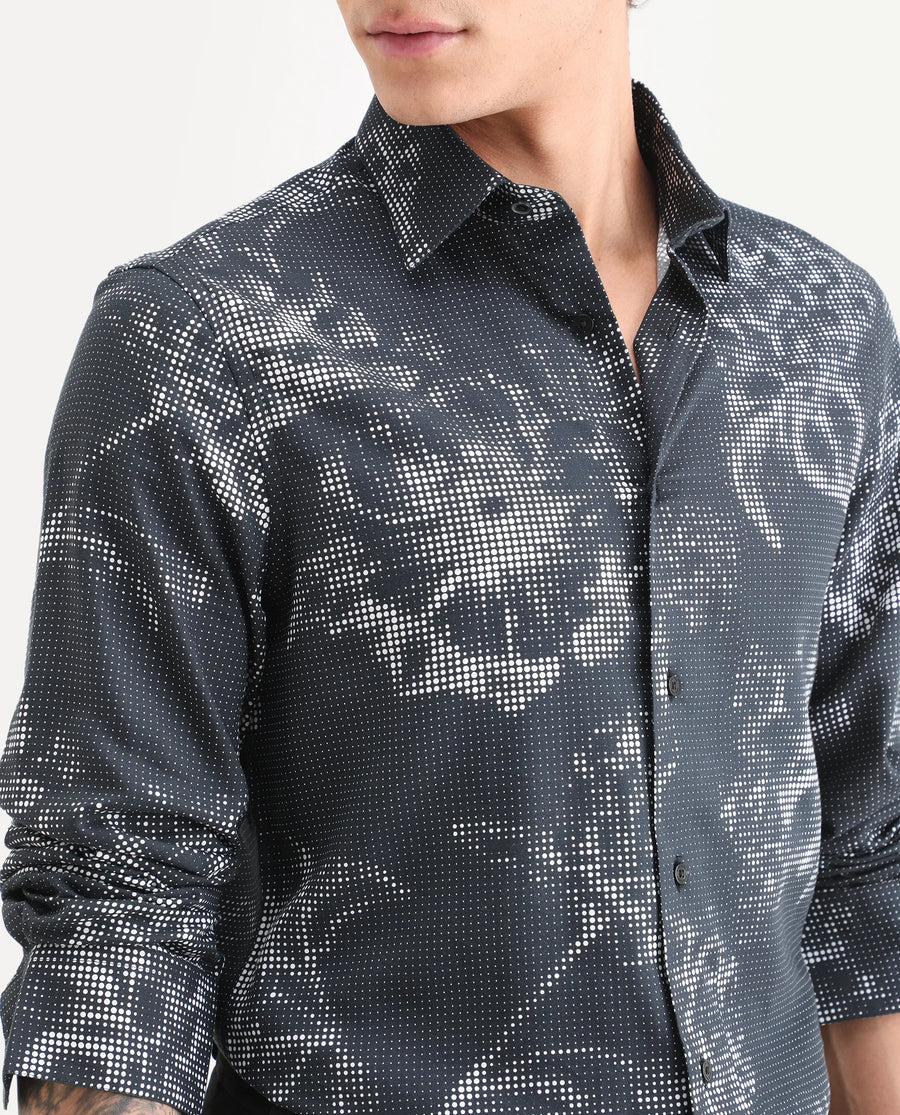 Rare Rabbit Men's Xald Black Cotton Blend Fabric Full Sleeve Spread Collar Regular Fit Floral Print Shirt